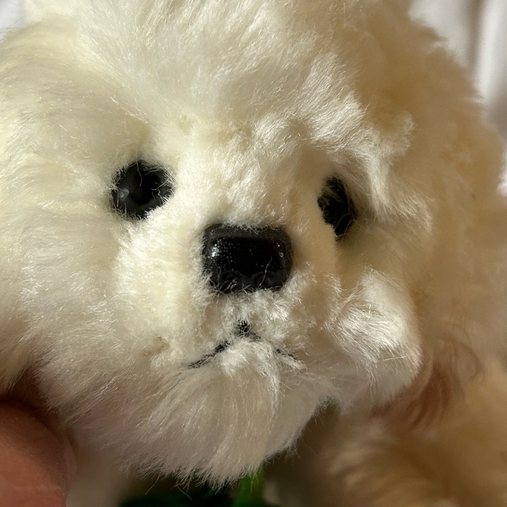 Russ Berrie small white puppy with green shamrocks. Fluffy White Plush Dog Toy